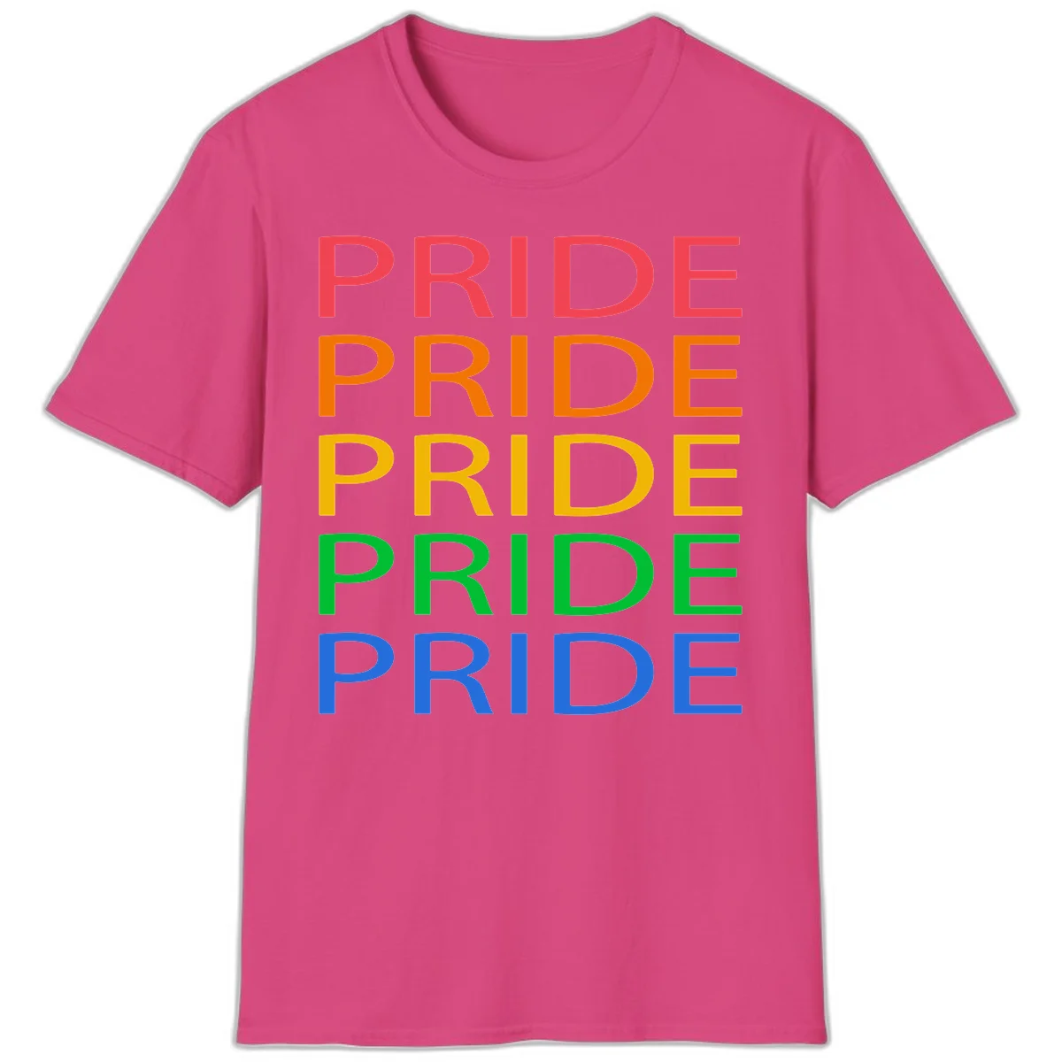 Rainbow pride repeating text design with the word PRIDE stacked five times in red, orange, yellow, green, and blue colors on gray background in Heliconia