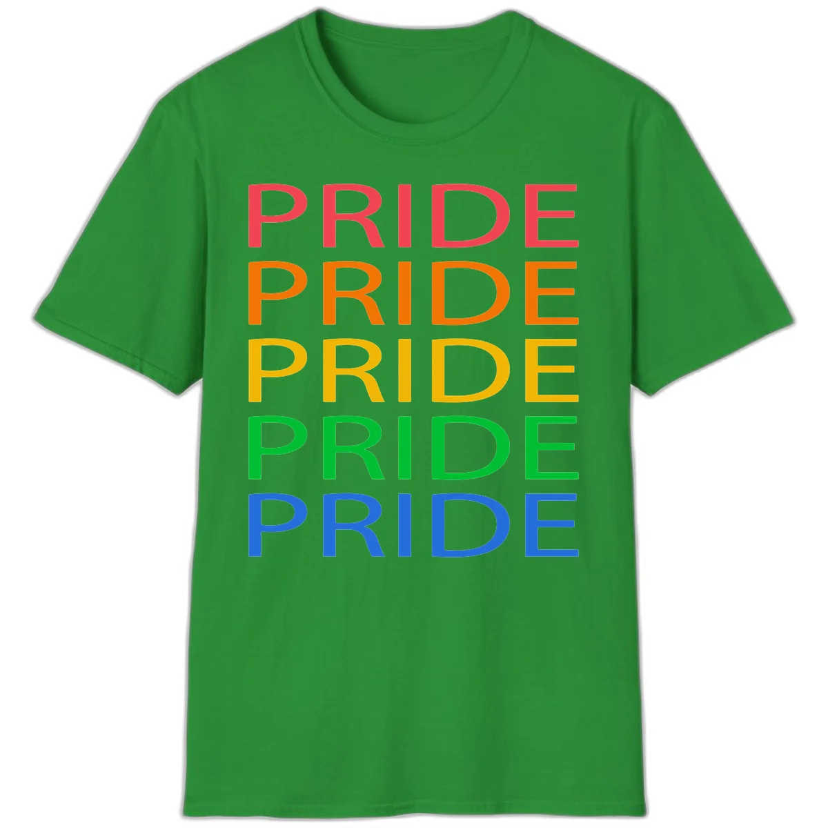 Rainbow pride repeating text design with the word PRIDE stacked five times in red, orange, yellow, green, and blue colors on gray background in Irish Green