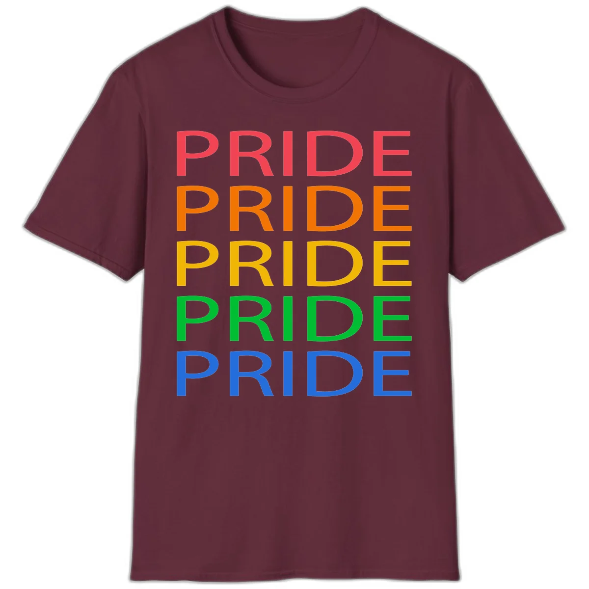 Rainbow pride repeating text design with the word PRIDE stacked five times in red, orange, yellow, green, and blue colors on gray background in Maroon