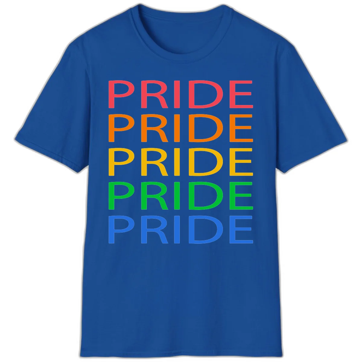 Rainbow pride repeating text design with the word PRIDE stacked five times in red, orange, yellow, green, and blue colors on gray background in Royal