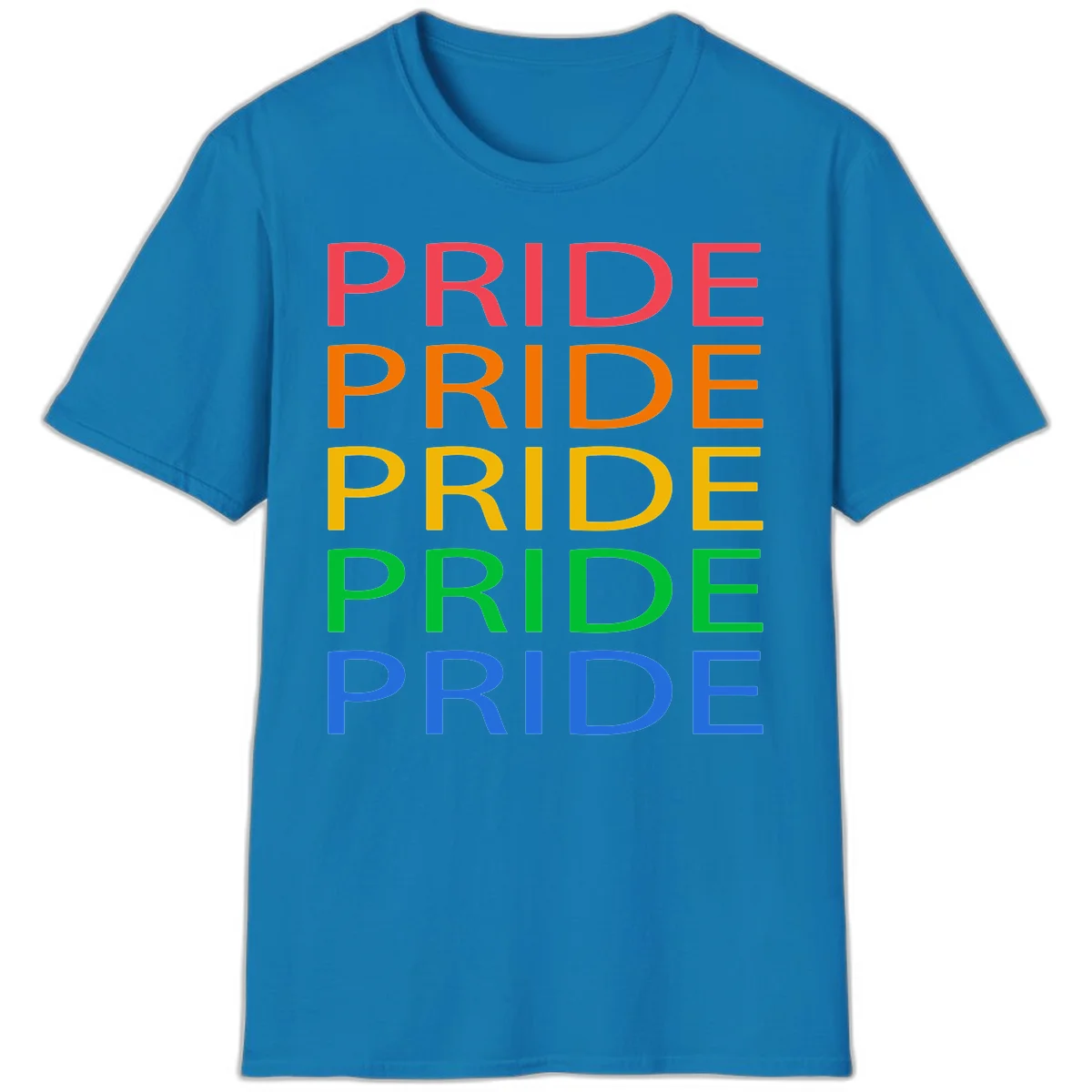 Rainbow pride repeating text design with the word PRIDE stacked five times in red, orange, yellow, green, and blue colors on gray background in Sapphire