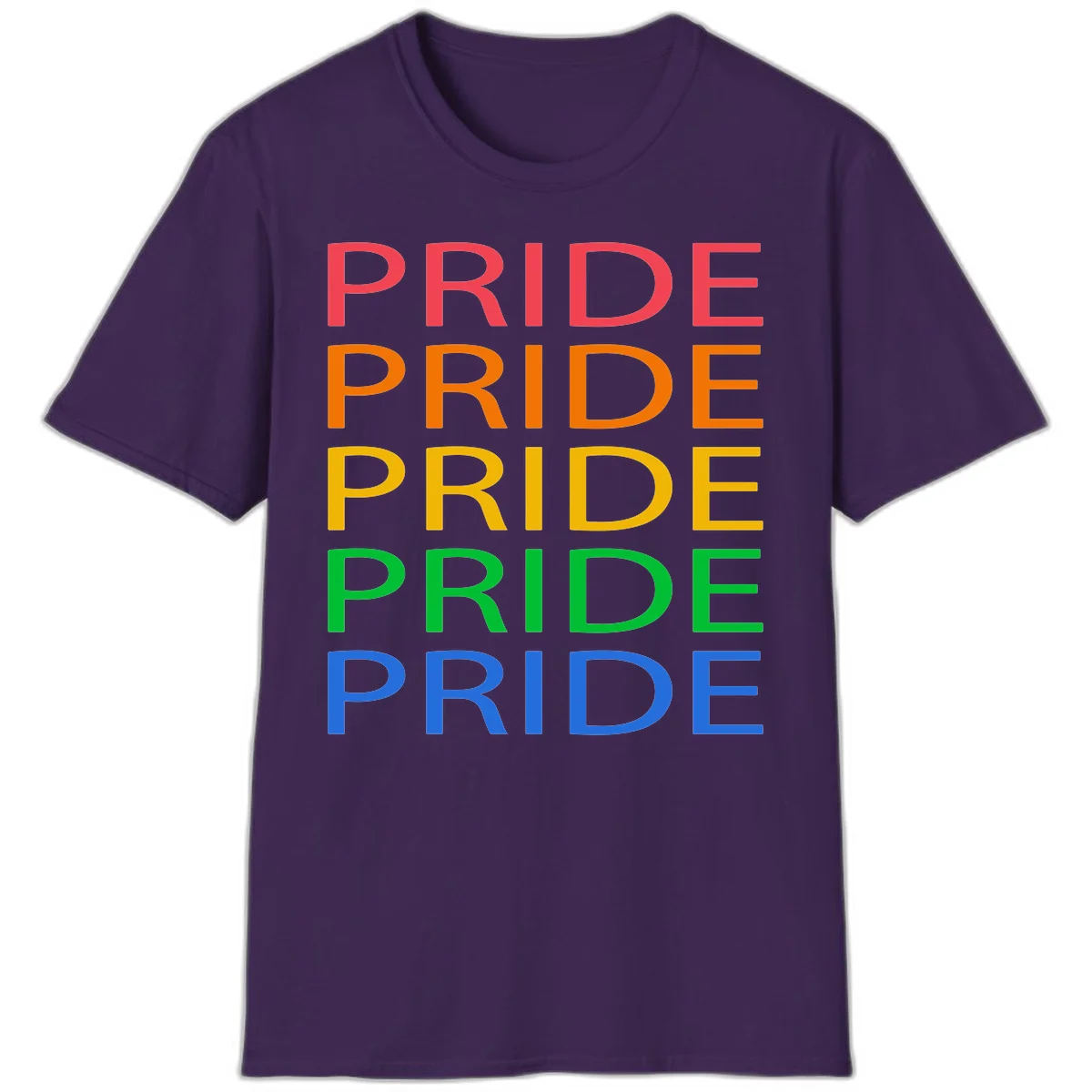 Rainbow pride repeating text design with the word PRIDE stacked five times in red, orange, yellow, green, and blue colors on gray background in Purple