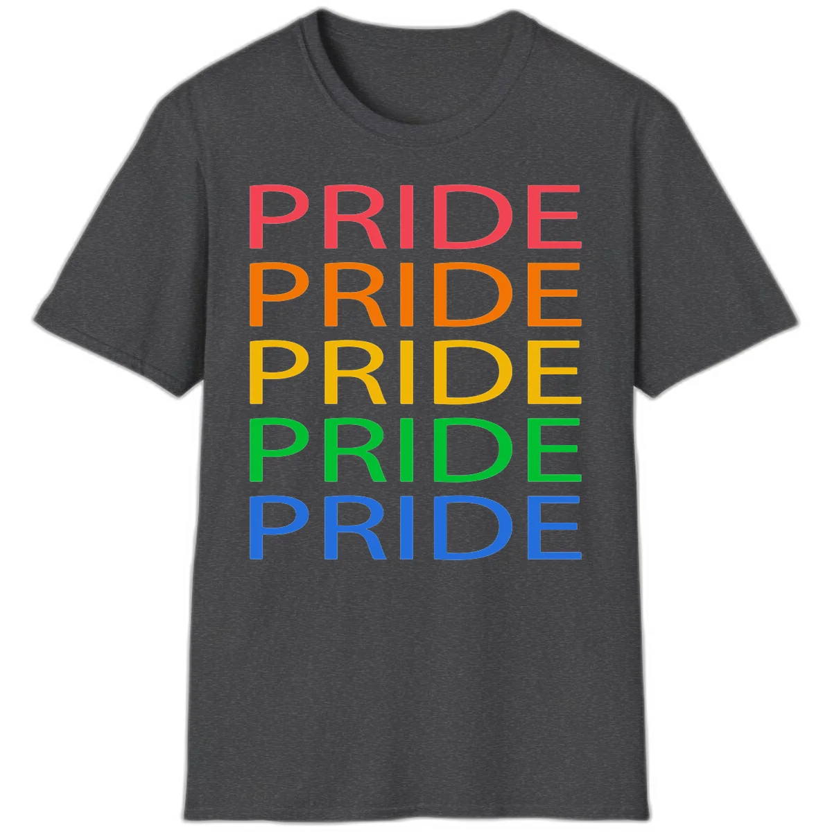 Rainbow pride repeating text design with the word PRIDE stacked five times in red, orange, yellow, green, and blue colors on gray background in Dark Heather