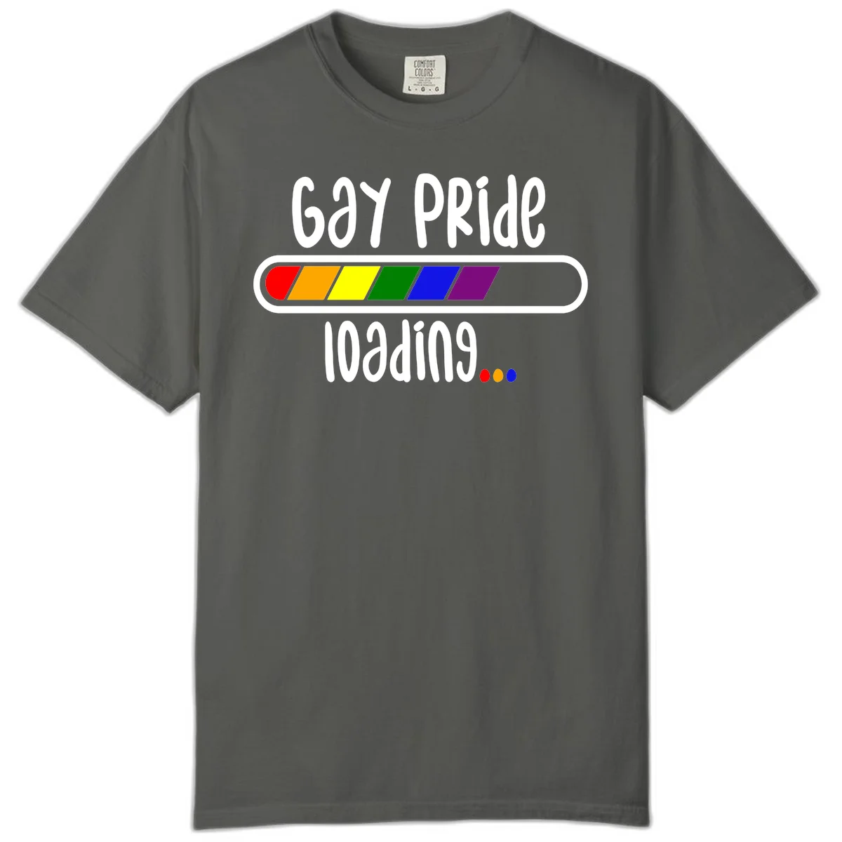 Gay pride loading bar design with rainbow progress indicator and loading text on gray background in Pepper