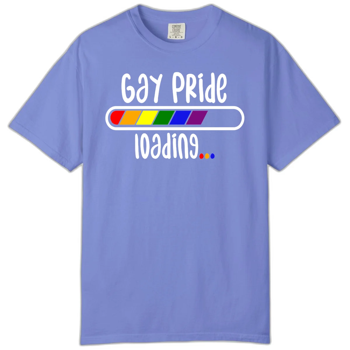 Gay pride loading bar design with rainbow progress indicator and loading text on gray background in Flo Blue