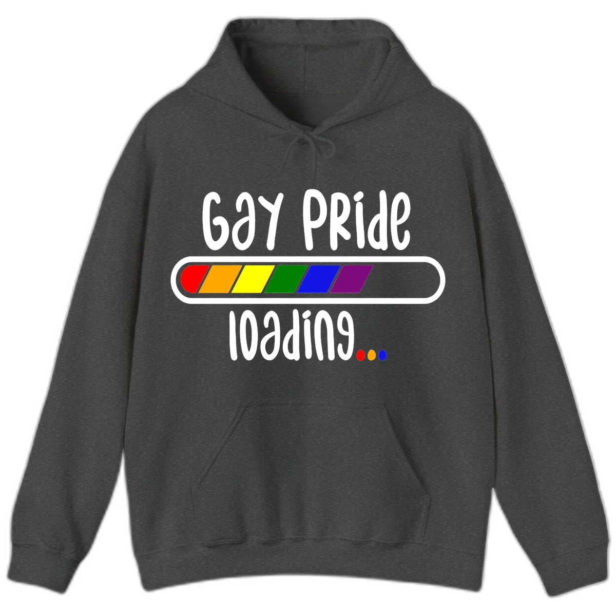 Gay pride loading bar design with rainbow progress indicator and loading text on gray background in Dark Heather