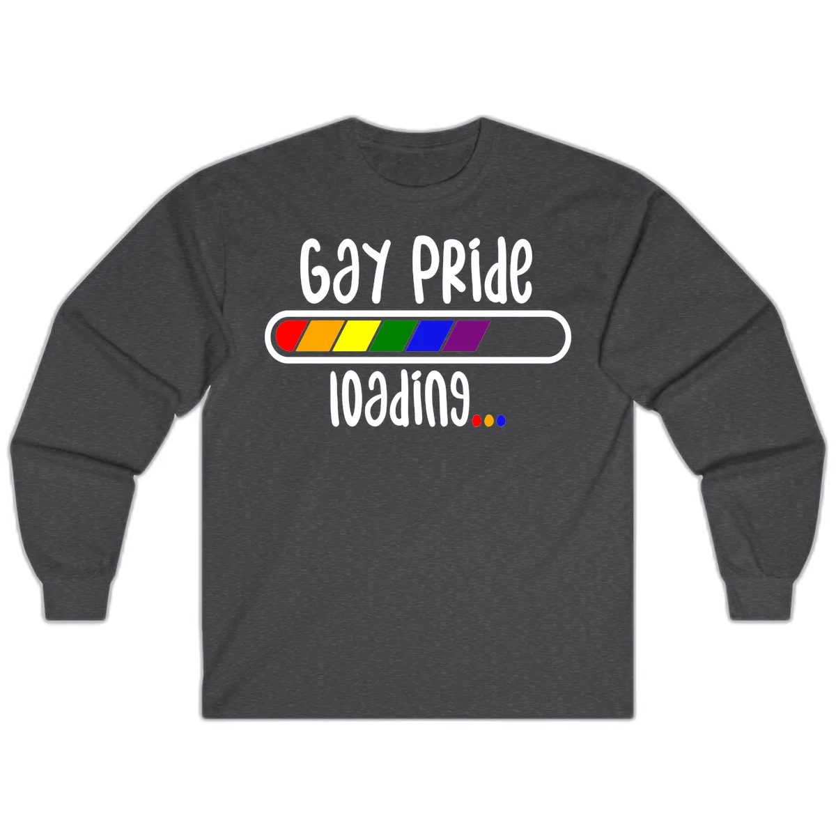 Gay pride loading bar design with rainbow progress indicator and loading text on gray background in Dark Heather