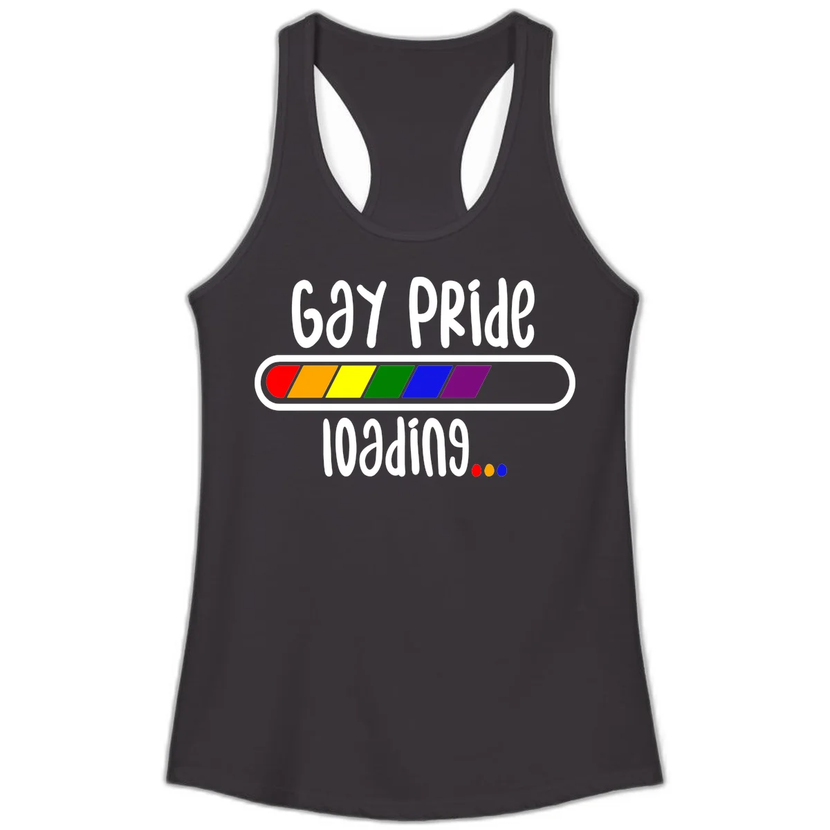 Gay pride loading bar design with rainbow progress indicator and loading text on gray background in Black