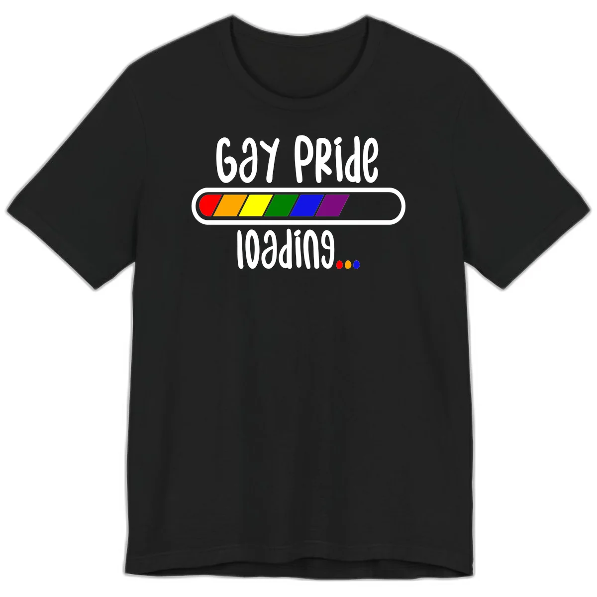 Gay pride loading bar design with rainbow progress indicator and loading text on gray background in Black