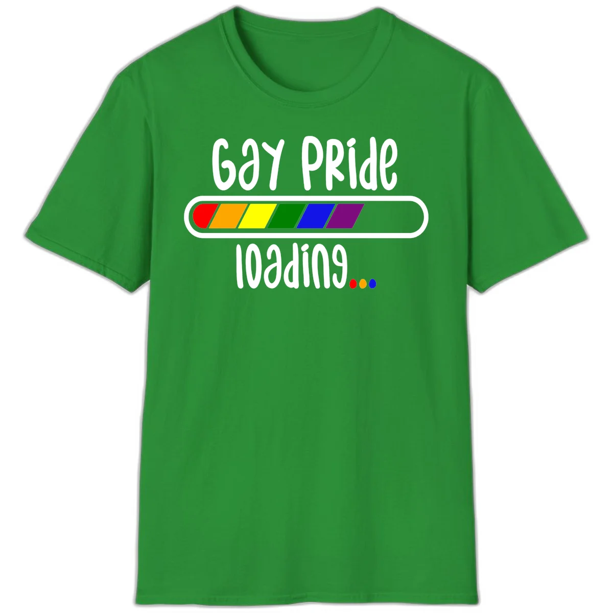Gay pride loading bar design with rainbow progress indicator and loading text on gray background in Irish Green