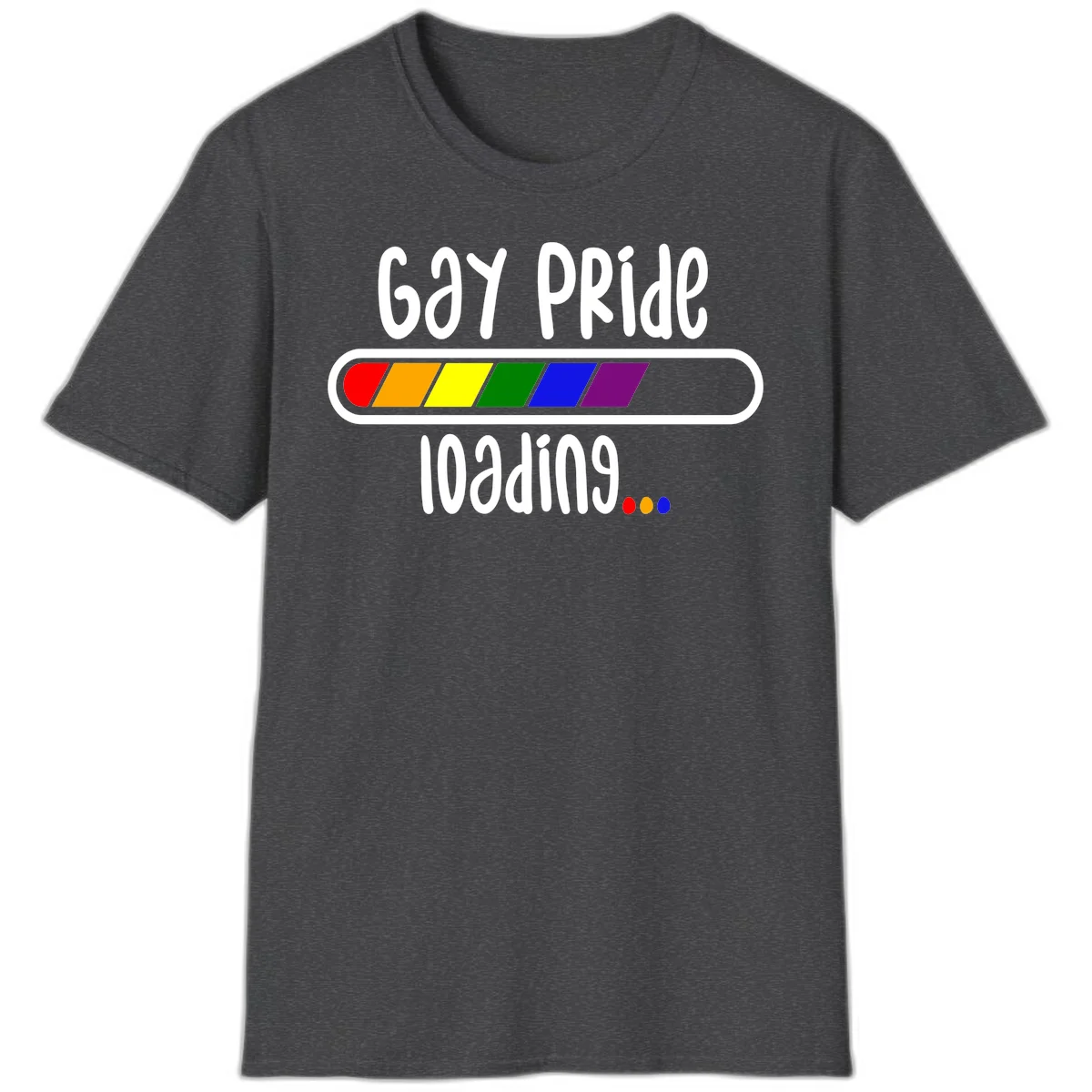 Gay pride loading bar design with rainbow progress indicator and loading text on gray background in Dark Heather