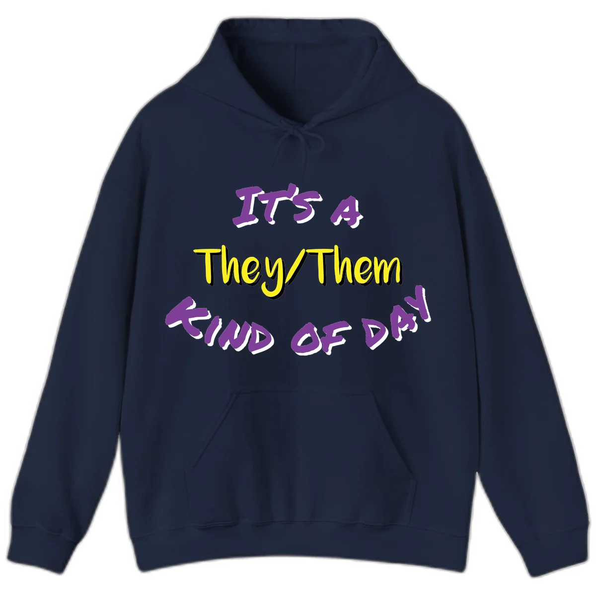 Bold purple and yellow text reading 'It's A They/Them Study of Pride' on gray background, celebrating pronoun inclusivity and LGBTQ+ pride. in Navy