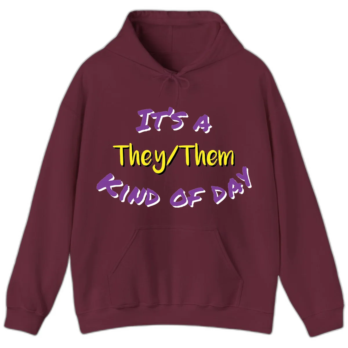 Bold purple and yellow text reading 'It's A They/Them Study of Pride' on gray background, celebrating pronoun inclusivity and LGBTQ+ pride. in Maroon