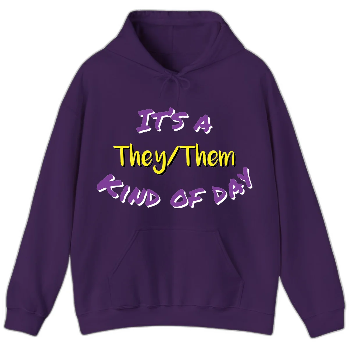 Bold purple and yellow text reading 'It's A They/Them Study of Pride' on gray background, celebrating pronoun inclusivity and LGBTQ+ pride. in Purple