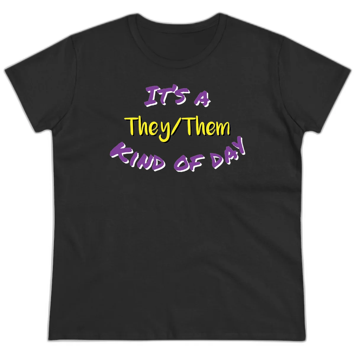 Bold purple and yellow text reading 'It's A They/Them Study of Pride' on gray background, celebrating pronoun inclusivity and LGBTQ+ pride. in Black