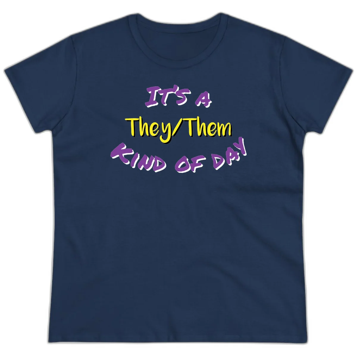Bold purple and yellow text reading 'It's A They/Them Study of Pride' on gray background, celebrating pronoun inclusivity and LGBTQ+ pride. in Navy