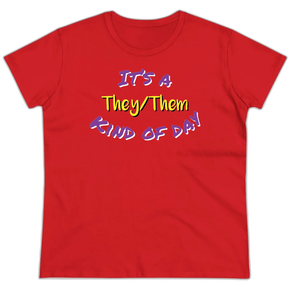 Bold purple and yellow text reading 'It's A They/Them Study of Pride' on gray background, celebrating pronoun inclusivity and LGBTQ+ pride. in Red