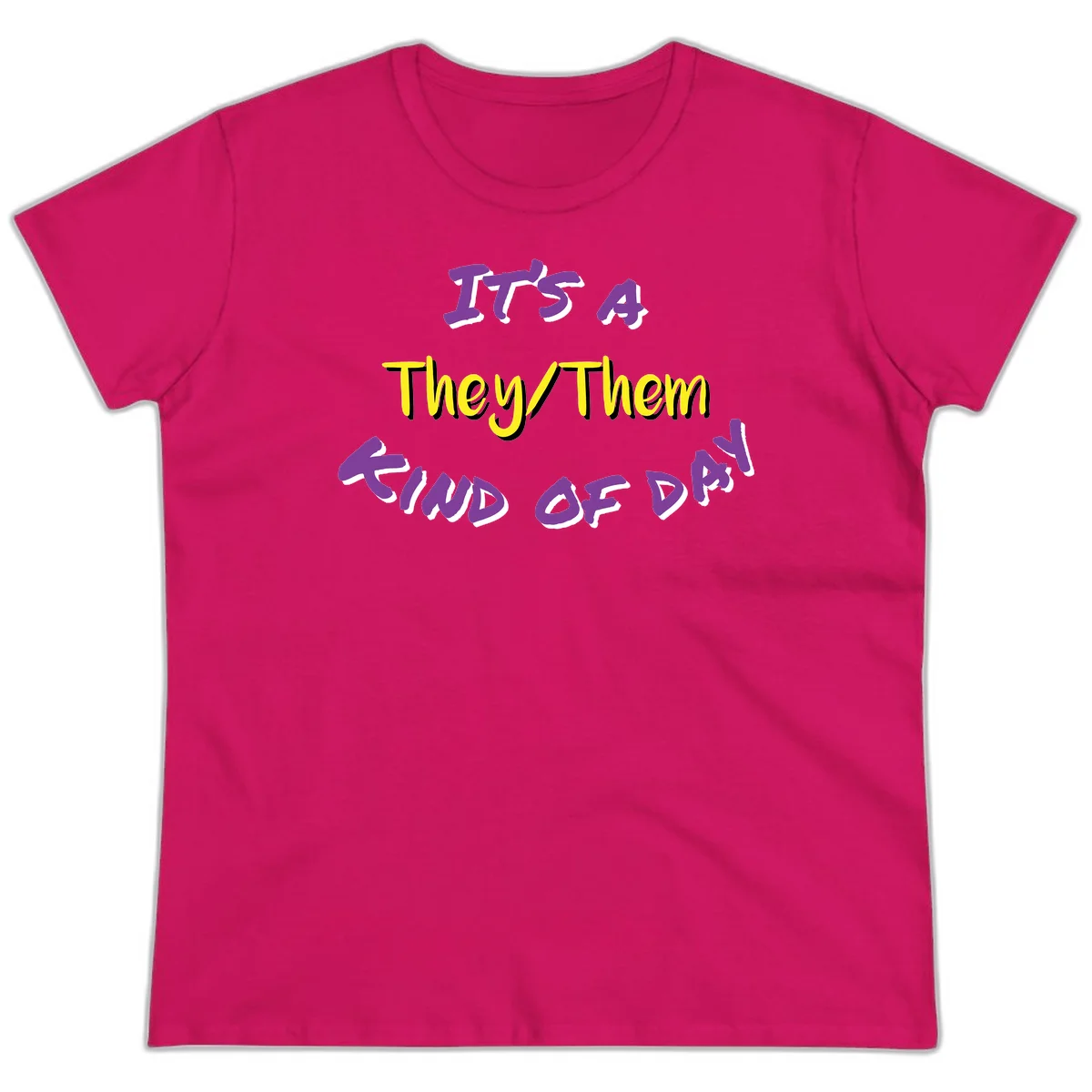 Bold purple and yellow text reading 'It's A They/Them Study of Pride' on gray background, celebrating pronoun inclusivity and LGBTQ+ pride. in Heliconia