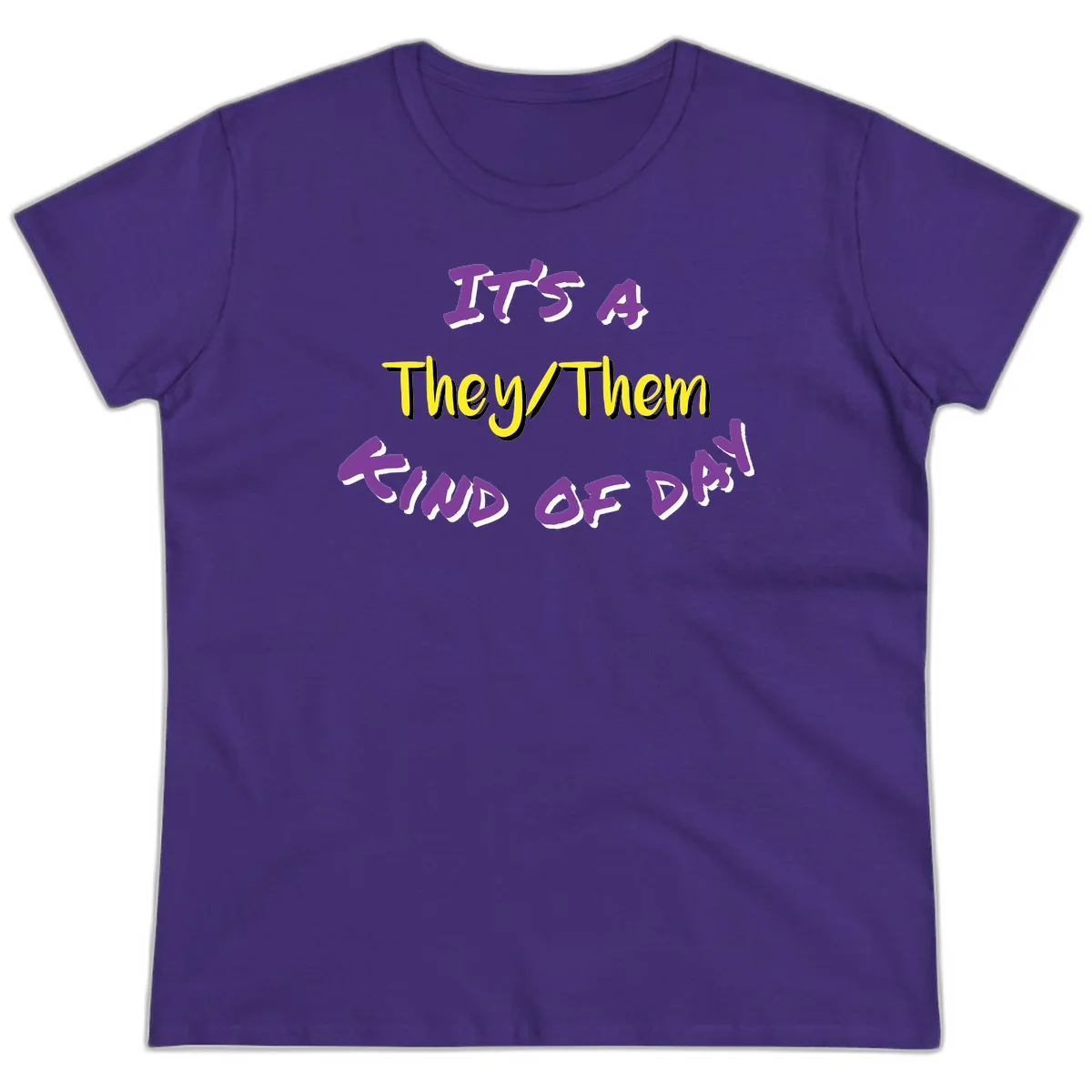 Bold purple and yellow text reading 'It's A They/Them Study of Pride' on gray background, celebrating pronoun inclusivity and LGBTQ+ pride. in Purple
