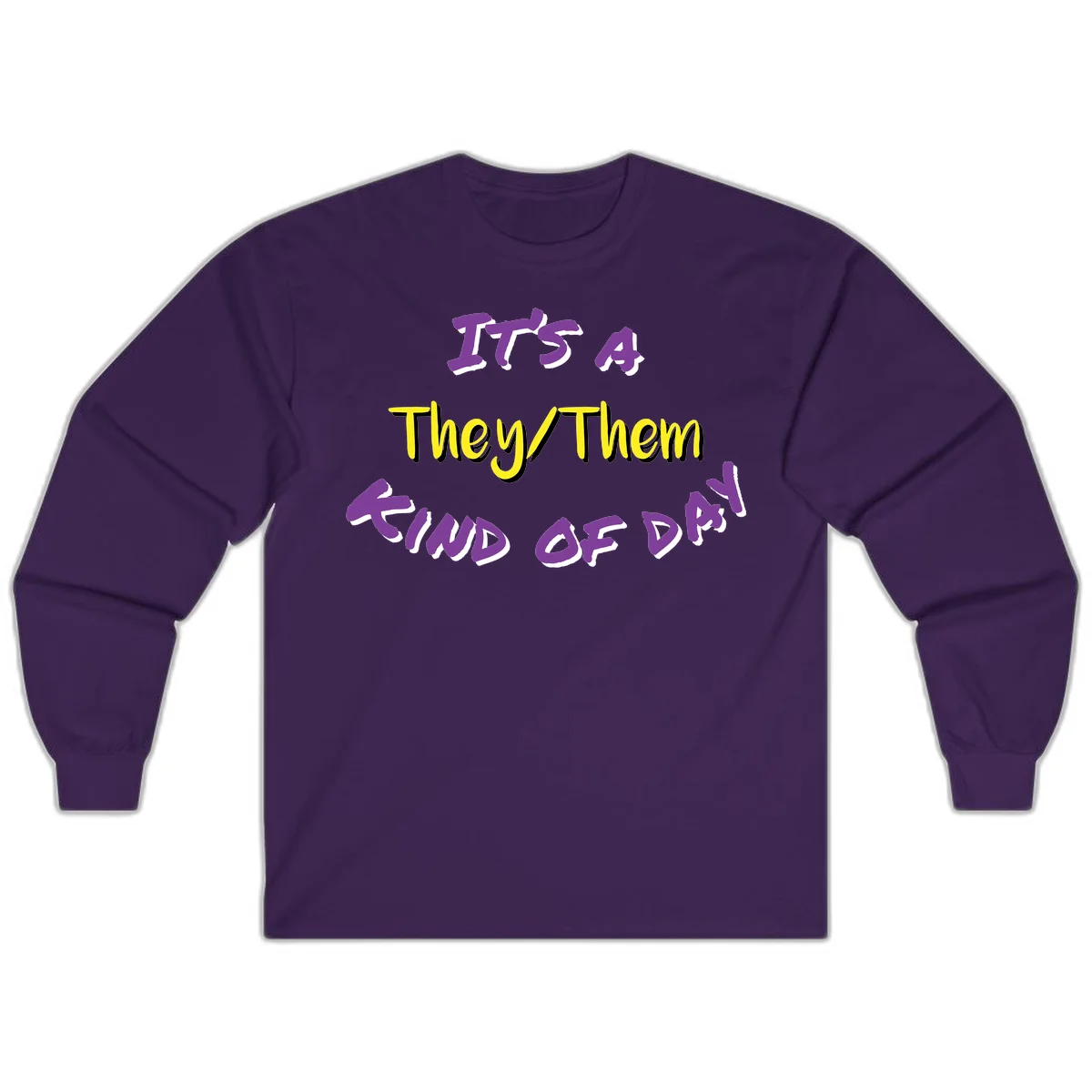 Bold purple and yellow text reading 'It's A They/Them Study of Pride' on gray background, celebrating pronoun inclusivity and LGBTQ+ pride. in Purple