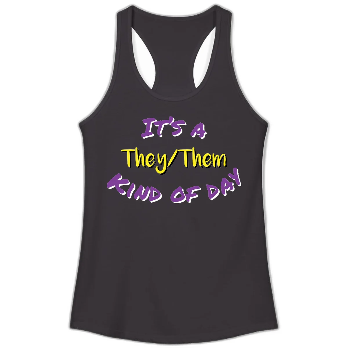 Bold purple and yellow text reading 'It's A They/Them Study of Pride' on gray background, celebrating pronoun inclusivity and LGBTQ+ pride. in Black