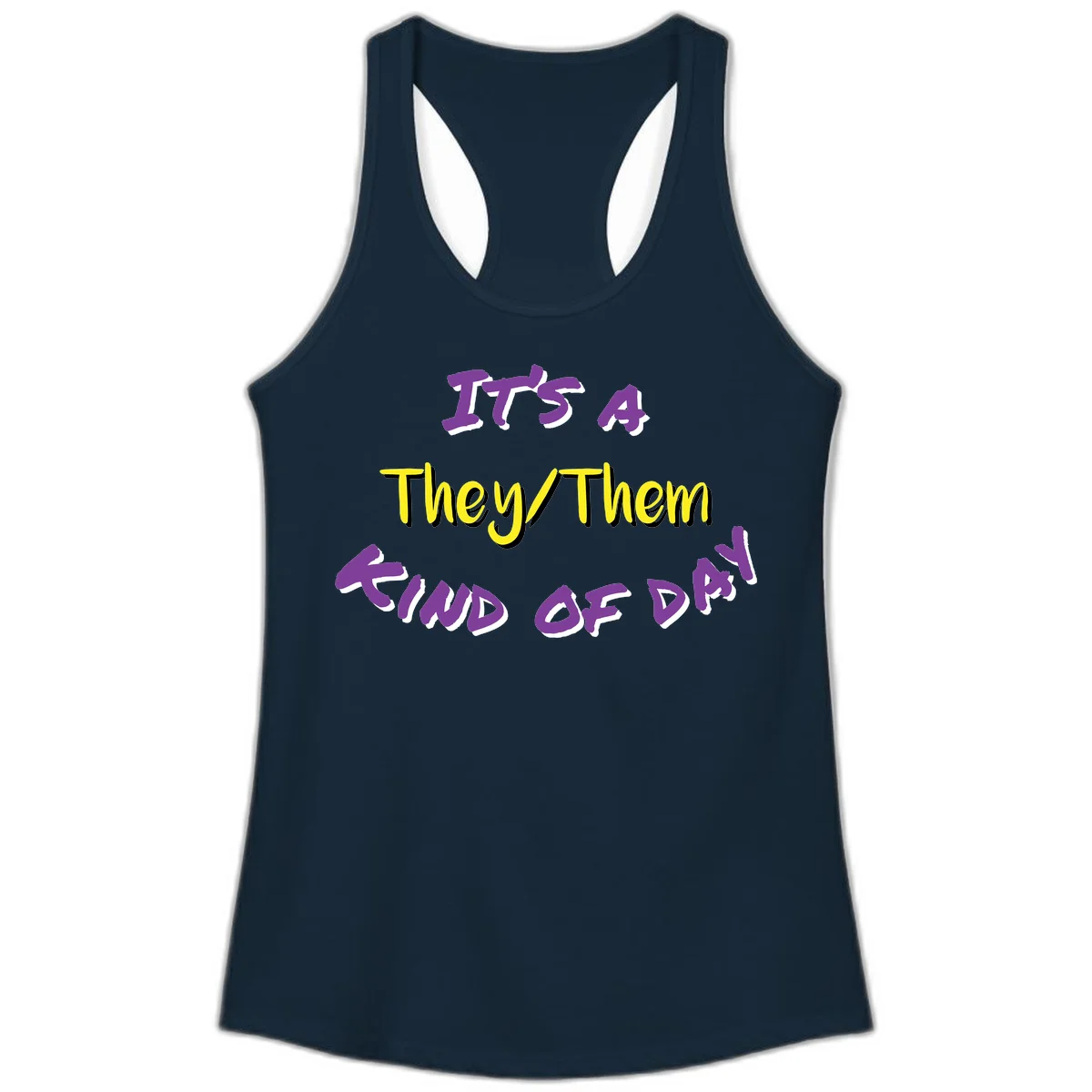 Bold purple and yellow text reading 'It's A They/Them Study of Pride' on gray background, celebrating pronoun inclusivity and LGBTQ+ pride. in Solid Midnight Navy