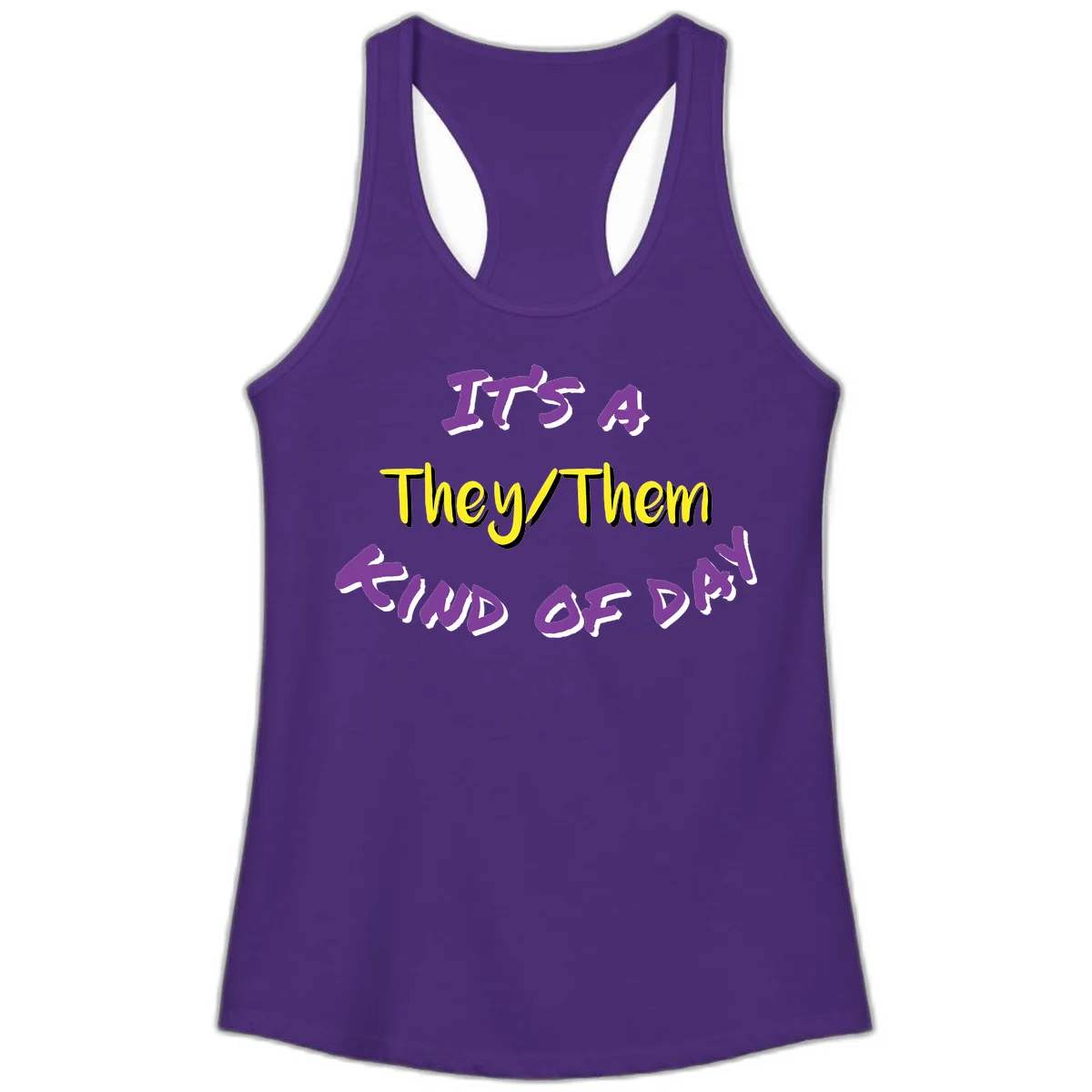 Bold purple and yellow text reading 'It's A They/Them Study of Pride' on gray background, celebrating pronoun inclusivity and LGBTQ+ pride. in Solid Purple Rush
