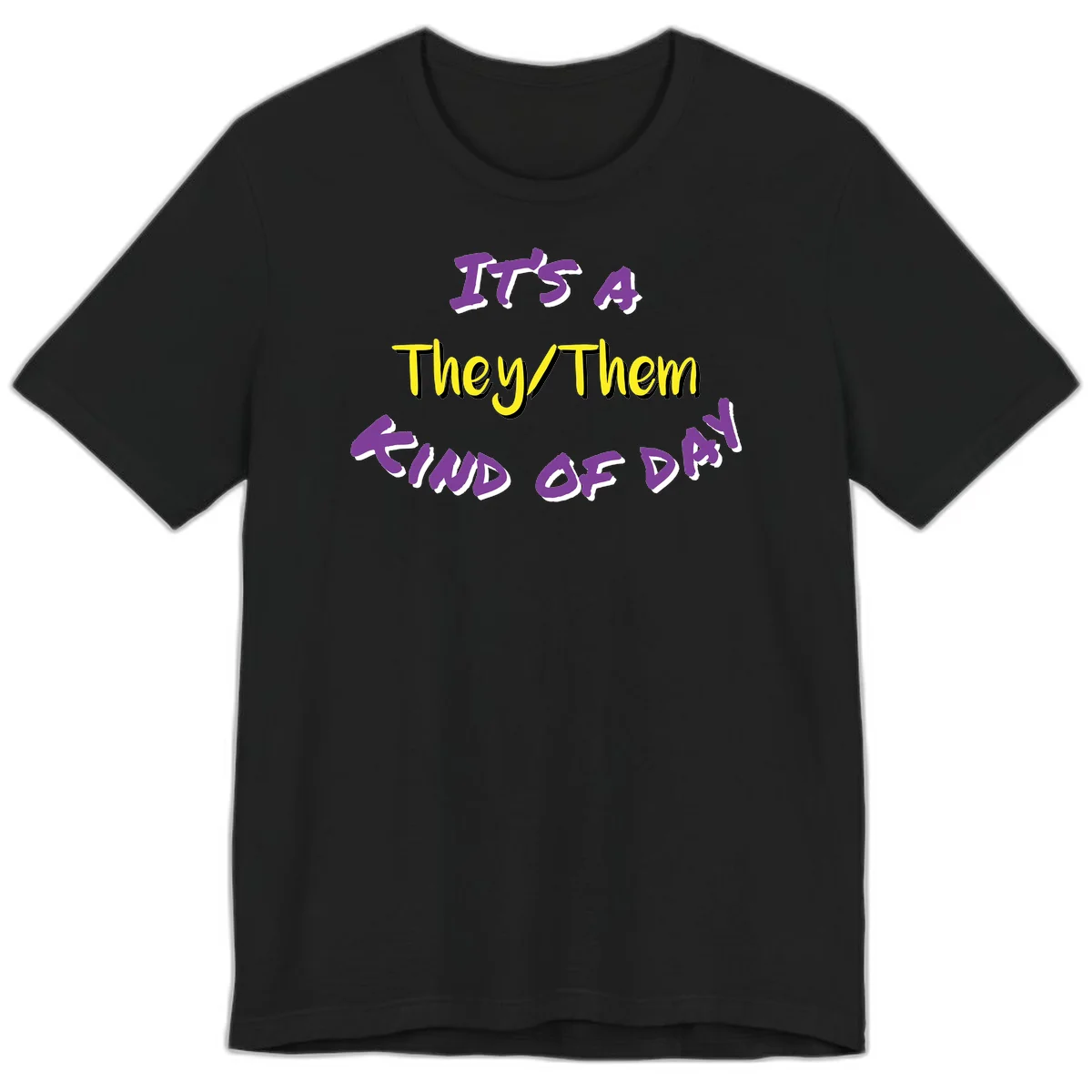 Bold purple and yellow text reading 'It's A They/Them Study of Pride' on gray background, celebrating pronoun inclusivity and LGBTQ+ pride. in Black