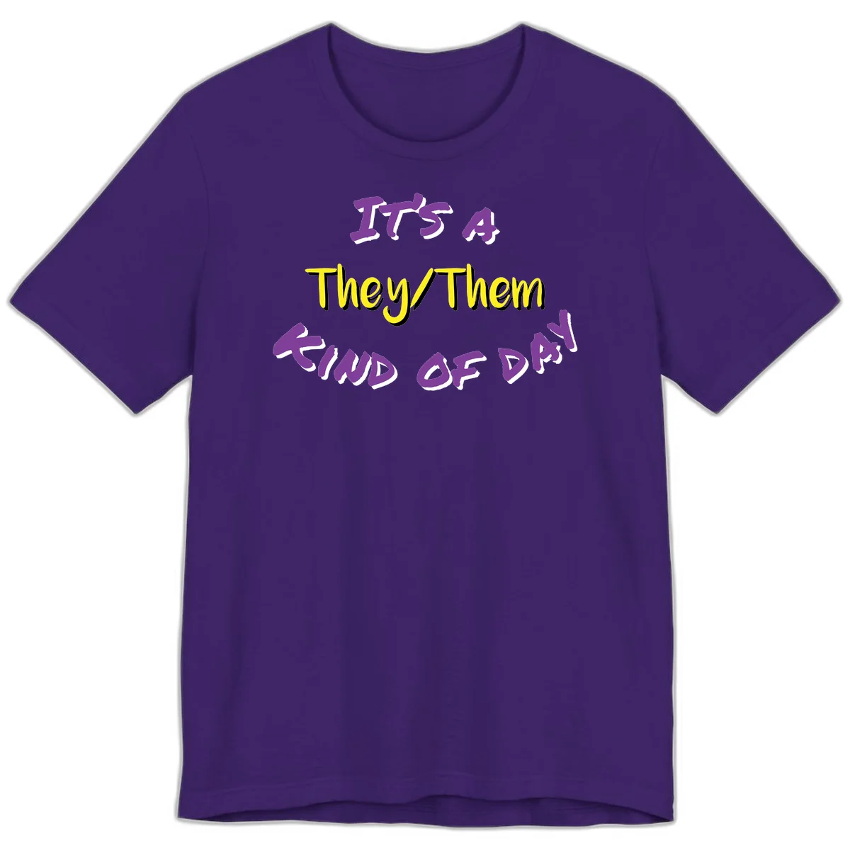 Bold purple and yellow text reading 'It's A They/Them Study of Pride' on gray background, celebrating pronoun inclusivity and LGBTQ+ pride. in Team Purple