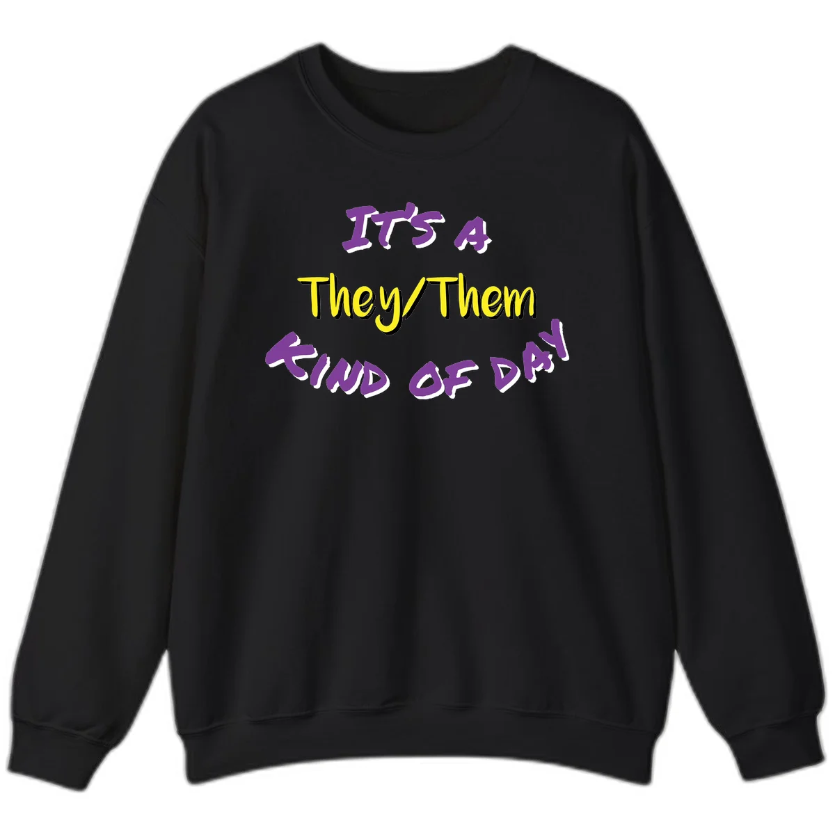 Bold purple and yellow text reading 'It's A They/Them Study of Pride' on gray background, celebrating pronoun inclusivity and LGBTQ+ pride. in Black