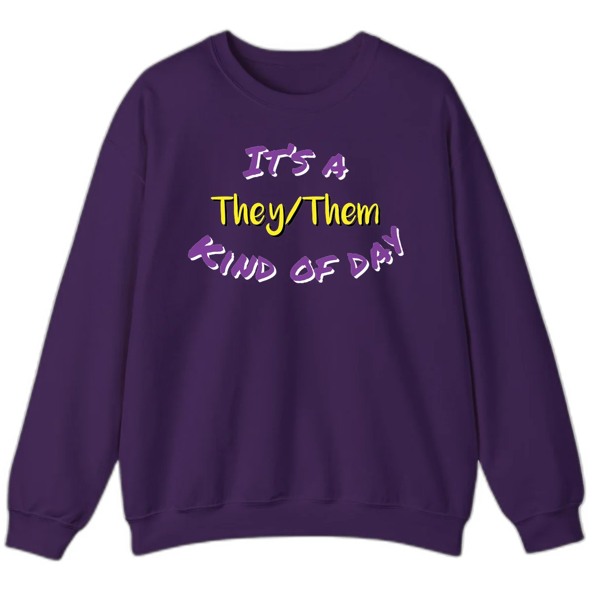 Bold purple and yellow text reading 'It's A They/Them Study of Pride' on gray background, celebrating pronoun inclusivity and LGBTQ+ pride. in Purple