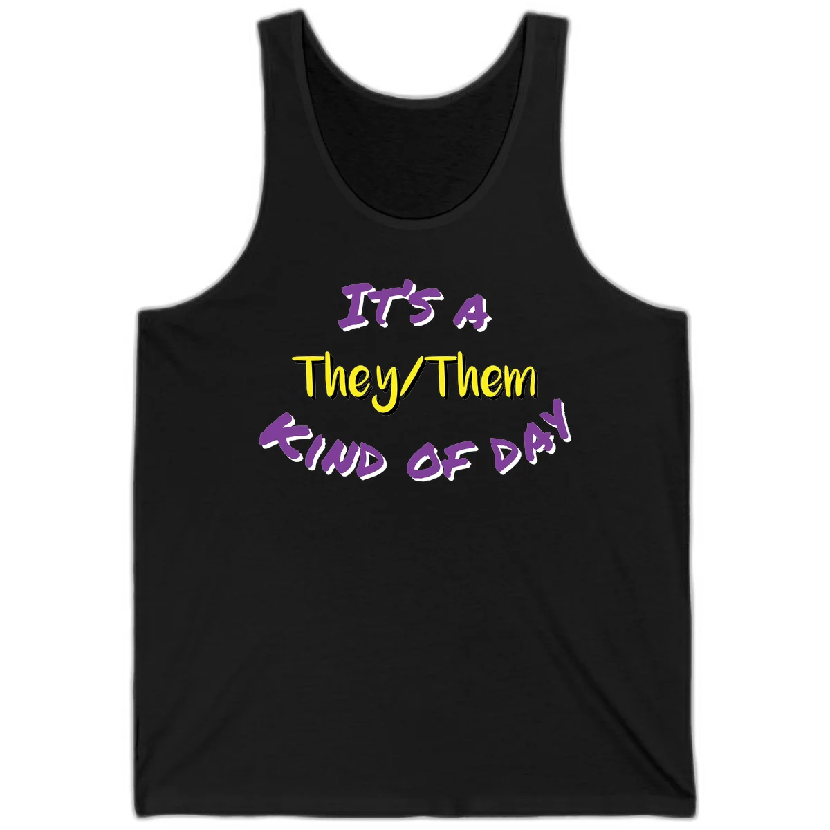 Bold purple and yellow text reading 'It's A They/Them Study of Pride' on gray background, celebrating pronoun inclusivity and LGBTQ+ pride. in Black