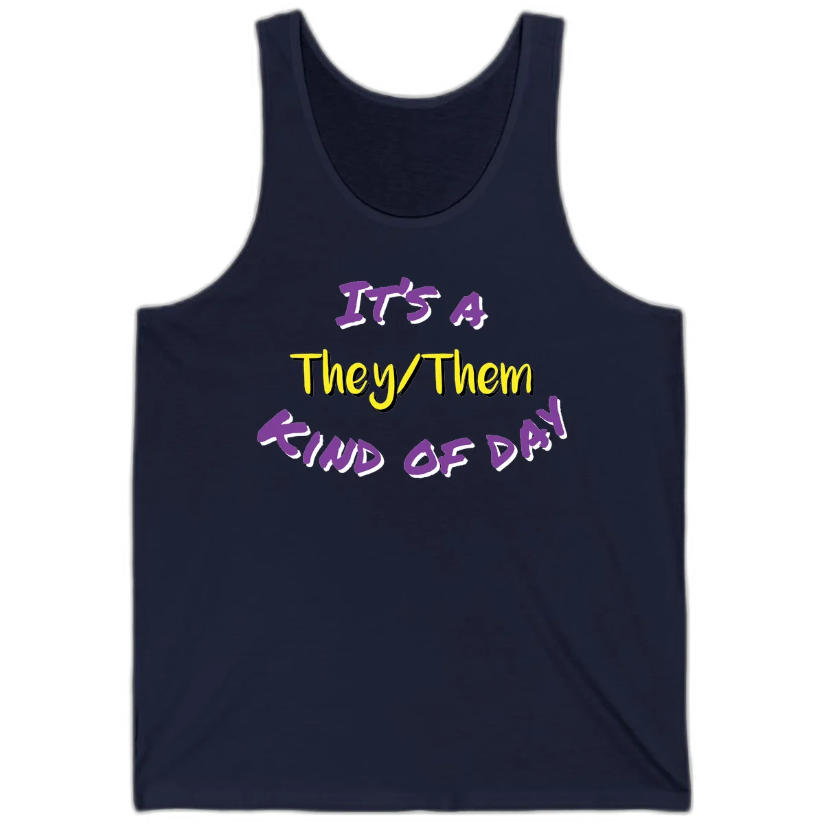 Bold purple and yellow text reading 'It's A They/Them Study of Pride' on gray background, celebrating pronoun inclusivity and LGBTQ+ pride. in Navy