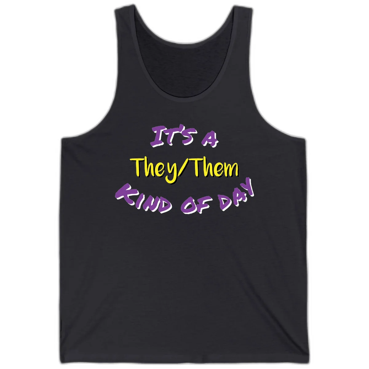 Bold purple and yellow text reading 'It's A They/Them Study of Pride' on gray background, celebrating pronoun inclusivity and LGBTQ+ pride. in Dark Grey