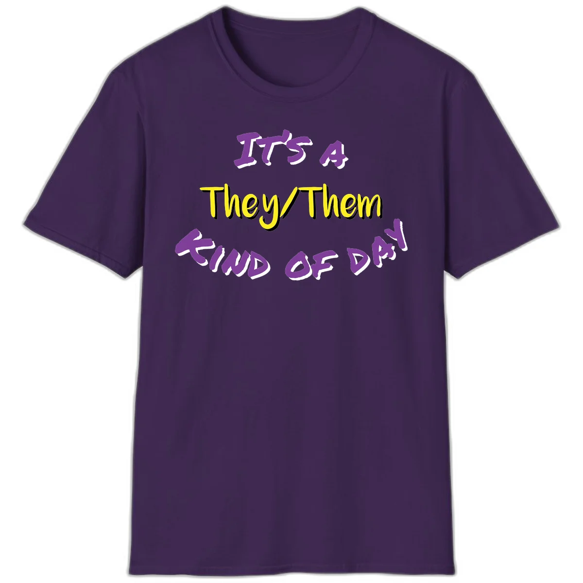 Bold purple and yellow text reading 'It's A They/Them Study of Pride' on gray background, celebrating pronoun inclusivity and LGBTQ+ pride. in Purple