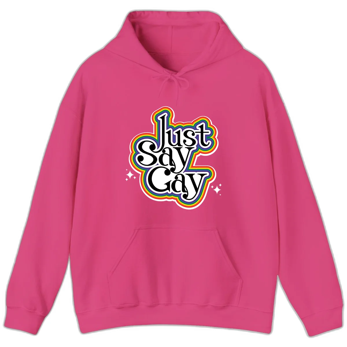 Just Say Gay Pride design with bold black text surrounded by vibrant rainbow border and sparkle accents on gray background in Heliconia