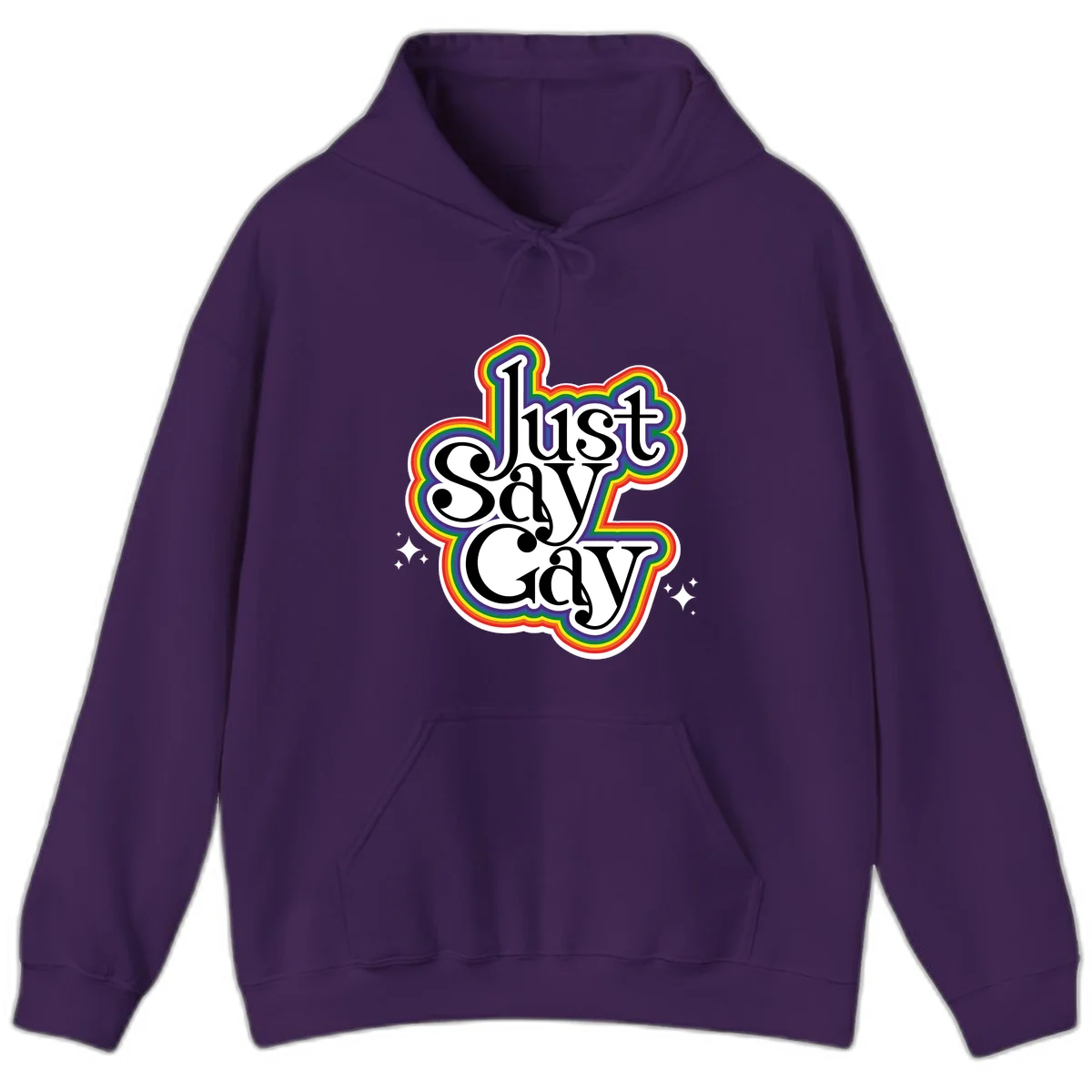 Just Say Gay Pride design with bold black text surrounded by vibrant rainbow border and sparkle accents on gray background in Purple