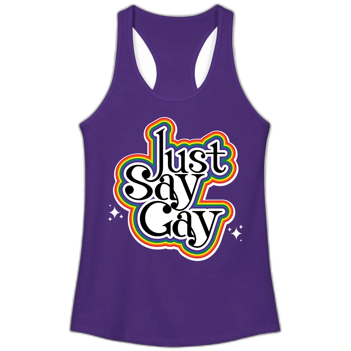 Just Say Gay Pride design with bold black text surrounded by vibrant rainbow border and sparkle accents on gray background in Solid Purple Rush