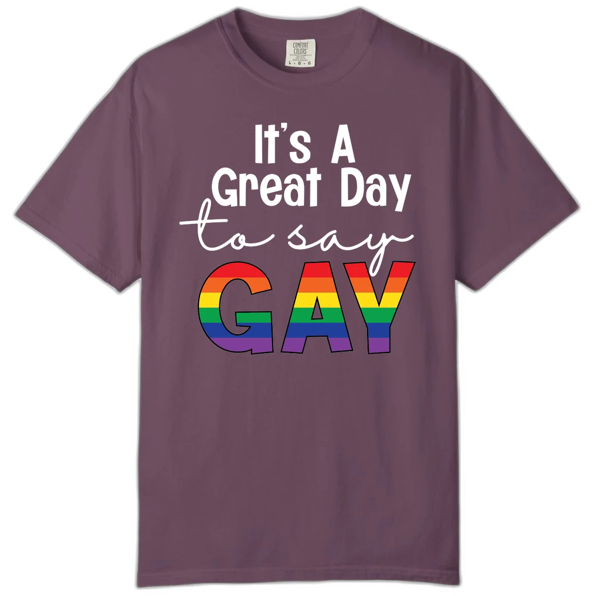 Gray background with white text reading 'It's A Great Day To Say' and the word 'GAY' in large letters filled with rainbow pride flag stripes in Berry