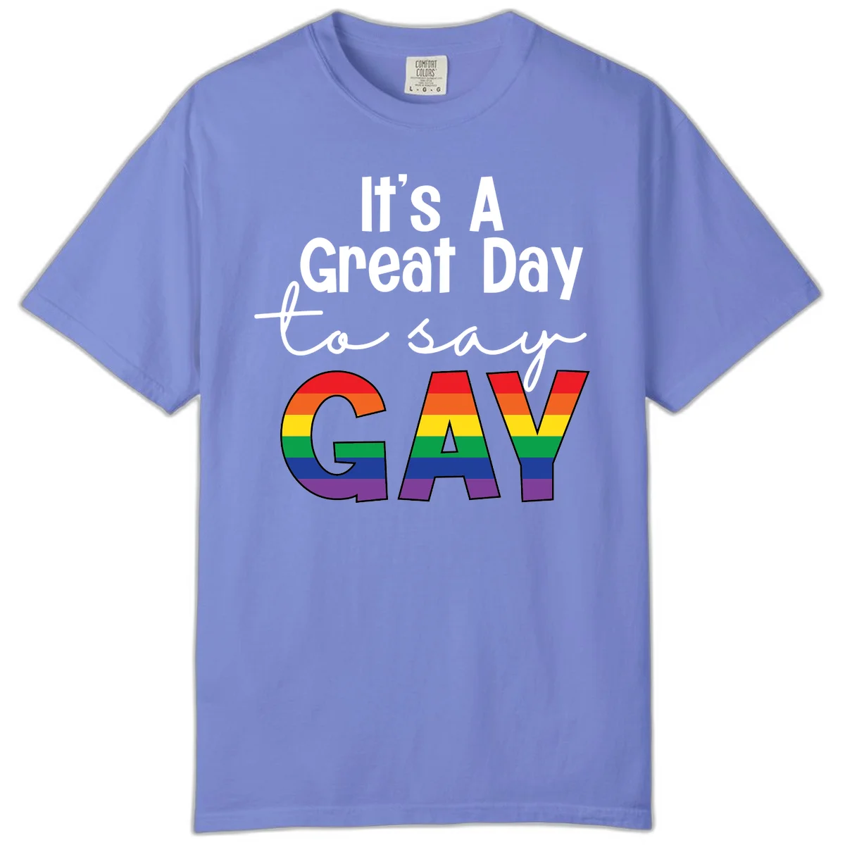 Gray background with white text reading 'It's A Great Day To Say' and the word 'GAY' in large letters filled with rainbow pride flag stripes in Flo Blue