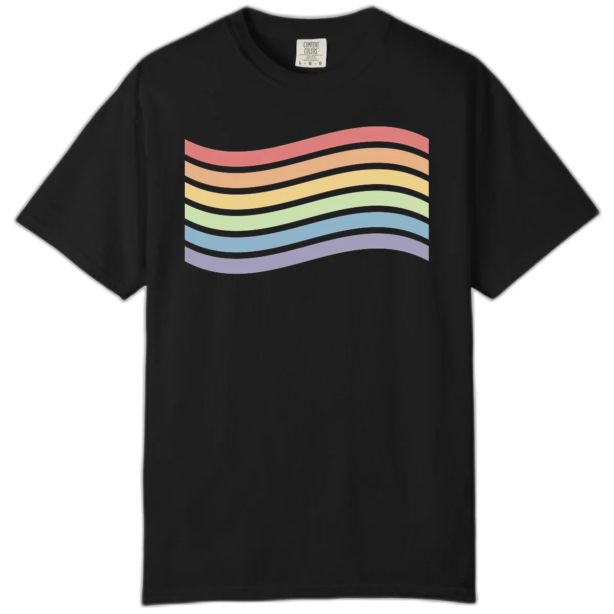 Seven horizontal wavy stripes in rainbow colors separated by gray bands, creating flowing waves against a gray background in Black