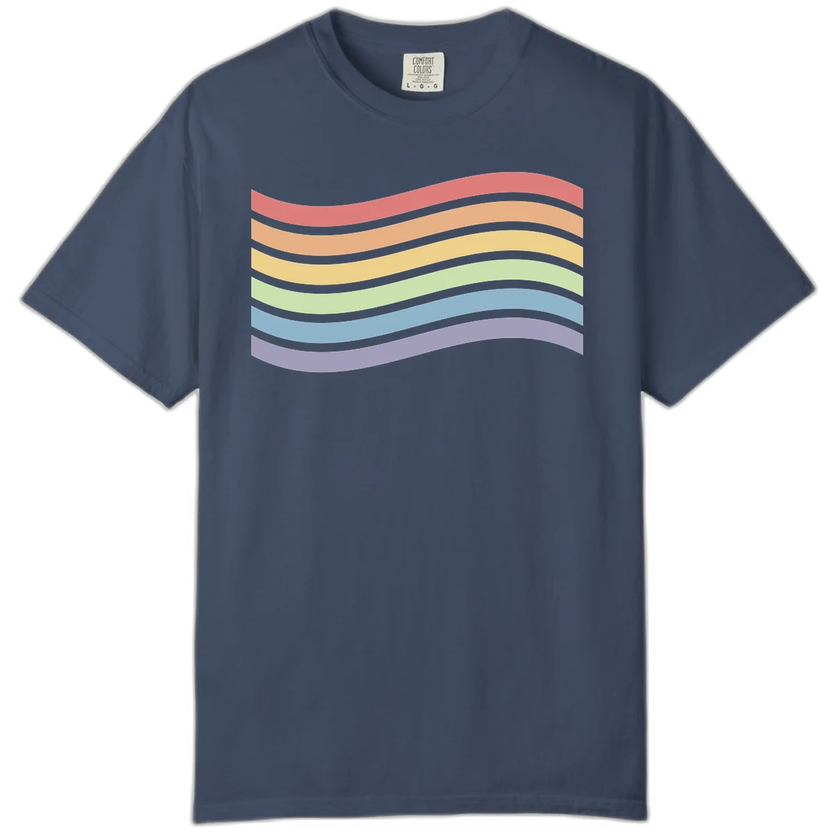 Seven horizontal wavy stripes in rainbow colors separated by gray bands, creating flowing waves against a gray background in Midnight