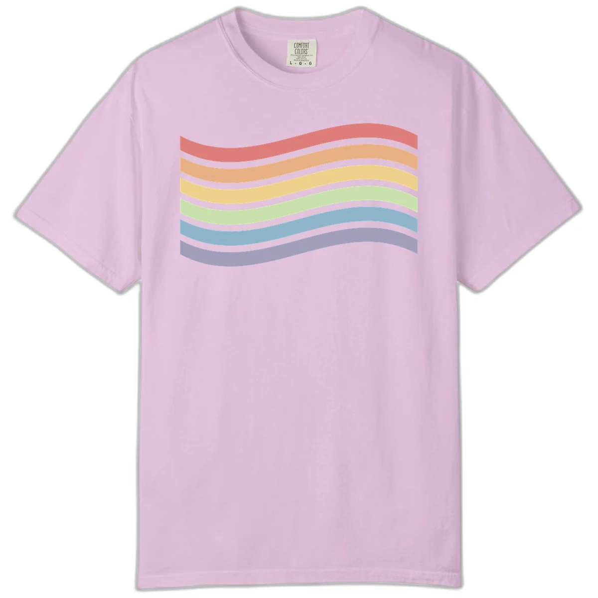 Seven horizontal wavy stripes in rainbow colors separated by gray bands, creating flowing waves against a gray background in Orchid