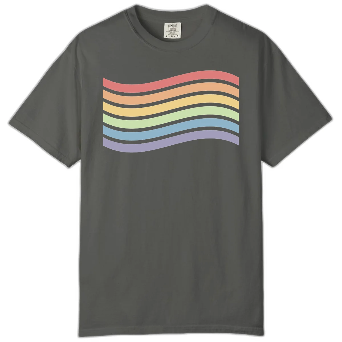 Seven horizontal wavy stripes in rainbow colors separated by gray bands, creating flowing waves against a gray background in Pepper