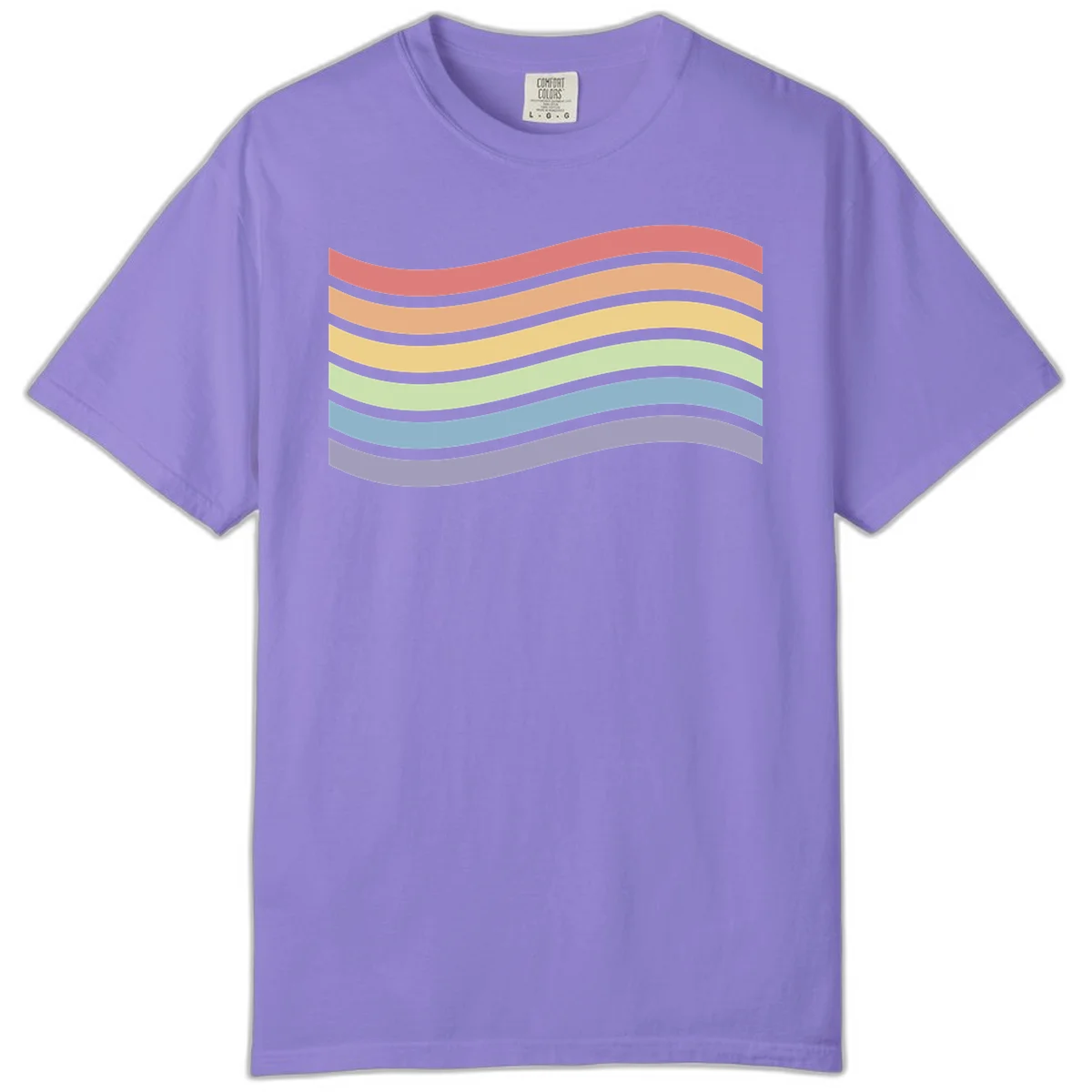 Seven horizontal wavy stripes in rainbow colors separated by gray bands, creating flowing waves against a gray background in Violet