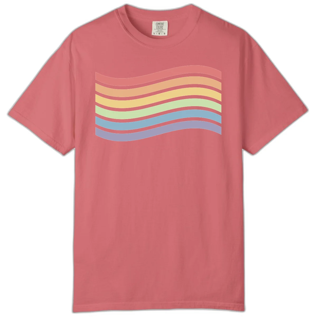 Seven horizontal wavy stripes in rainbow colors separated by gray bands, creating flowing waves against a gray background in Watermelon
