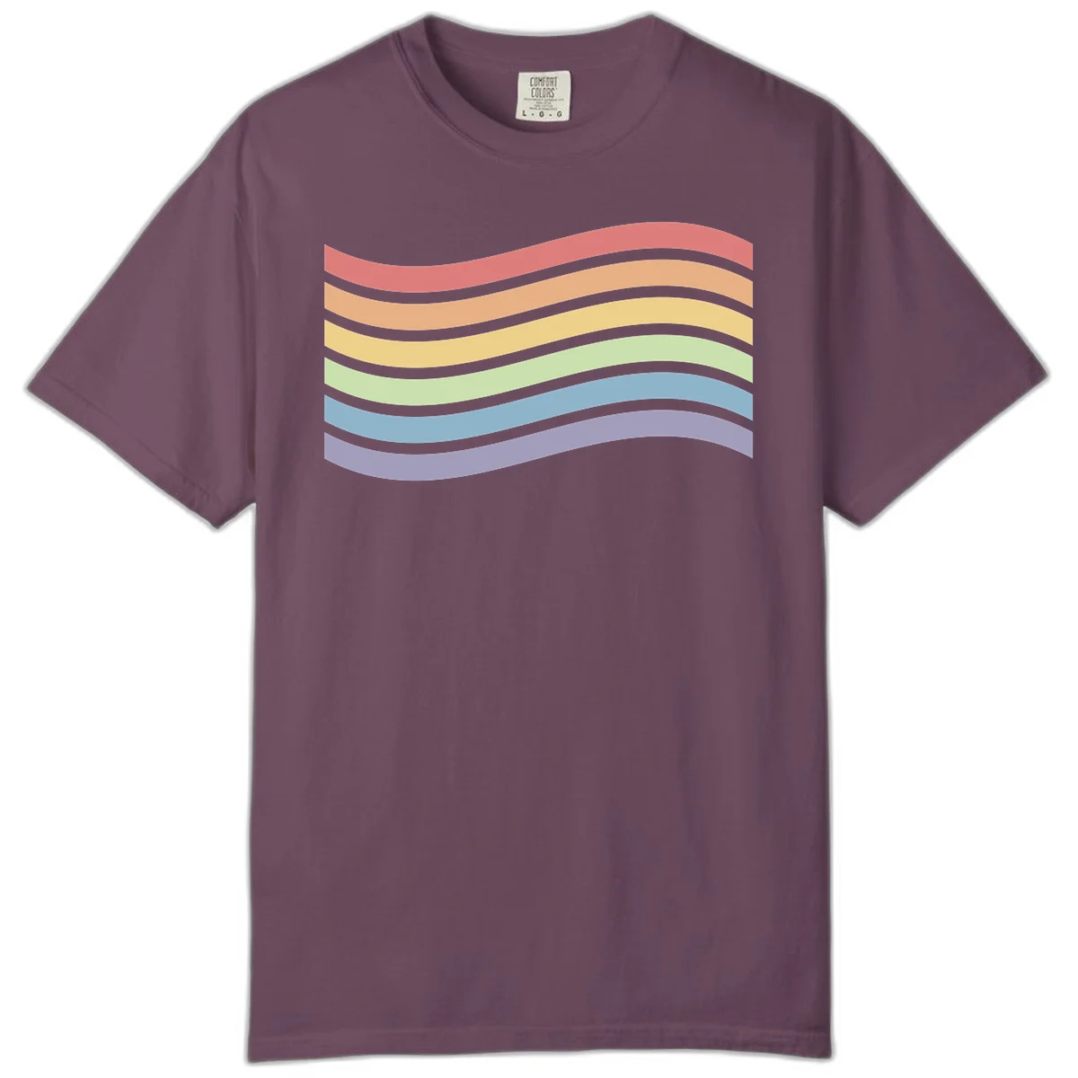 Seven horizontal wavy stripes in rainbow colors separated by gray bands, creating flowing waves against a gray background in Berry