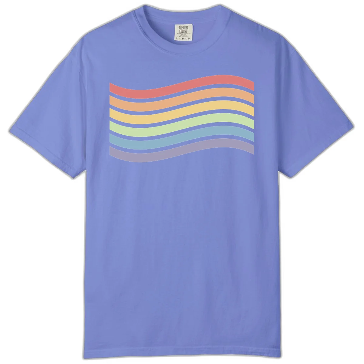 Seven horizontal wavy stripes in rainbow colors separated by gray bands, creating flowing waves against a gray background in Flo Blue