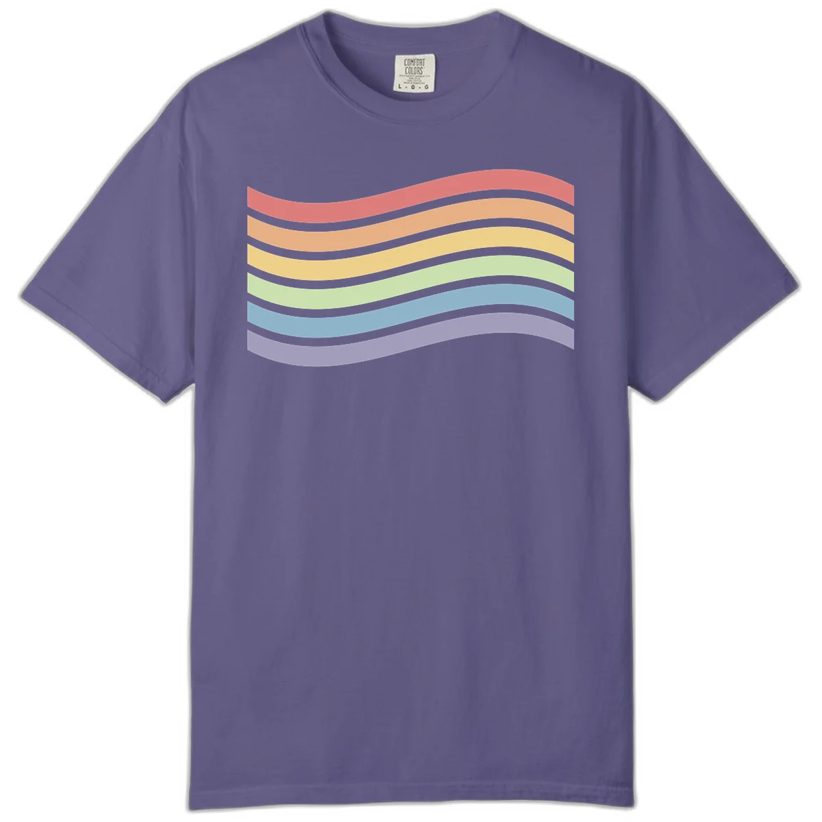 Seven horizontal wavy stripes in rainbow colors separated by gray bands, creating flowing waves against a gray background in Grape