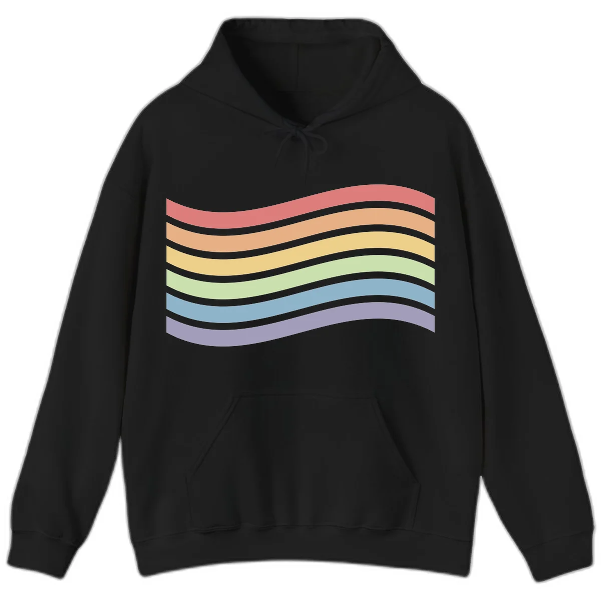 Seven horizontal wavy stripes in rainbow colors separated by gray bands, creating flowing waves against a gray background in Black